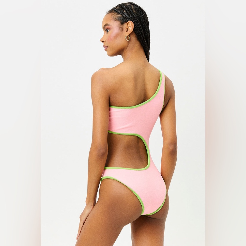 Frankie’s Bikinis Cutout Pink/Green Cash Terry One Piece Swimsuit size Medium - Picture 3 of 7